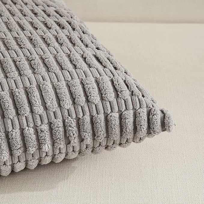 Fancy Homi Gray Farmhouse Decorative Throw Pillow Covers 18x18 Inch for Living Room Couch Bed Sofa, Rustic Boho Home Decor, Soft Striped Corduroy Square Cushion Case 45x45 cm