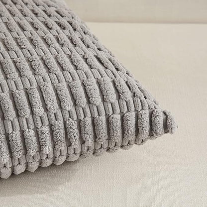 Fancy Homi Gray Farmhouse Decorative Throw Pillow Covers 18x18 Inch for Living Room Couch Bed Sofa, Rustic Boho Home Decor, Soft Striped Corduroy Square Cushion Case 45x45 cm