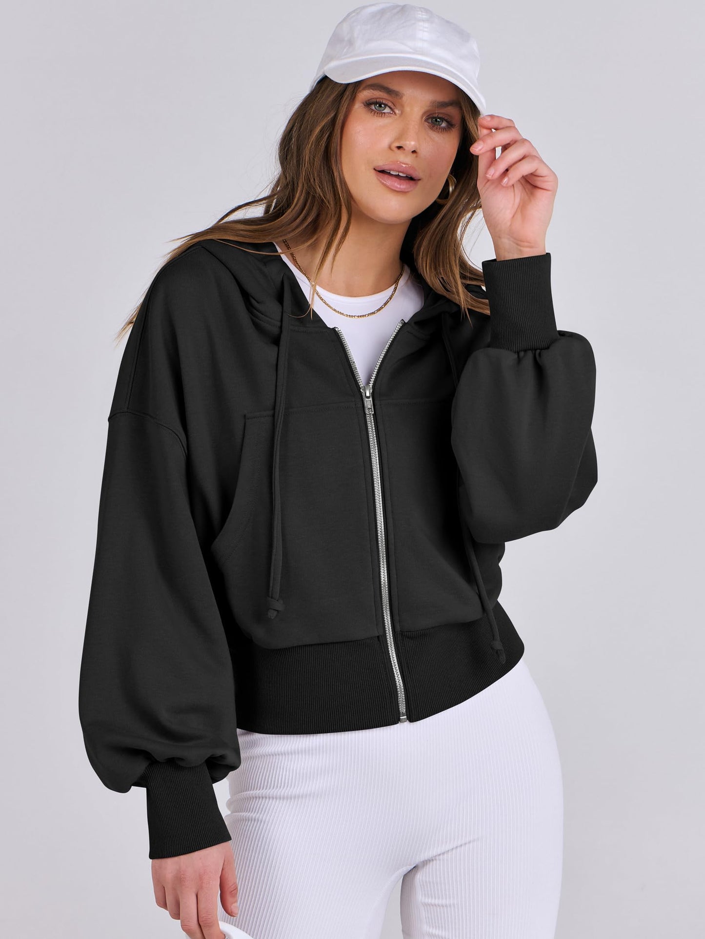 ANRABESS Women's Zip Up Hoodies Cropped Sweatshirts Casual Zip Jackets 2025 Fashion Trendy Fall Outfits Black Large