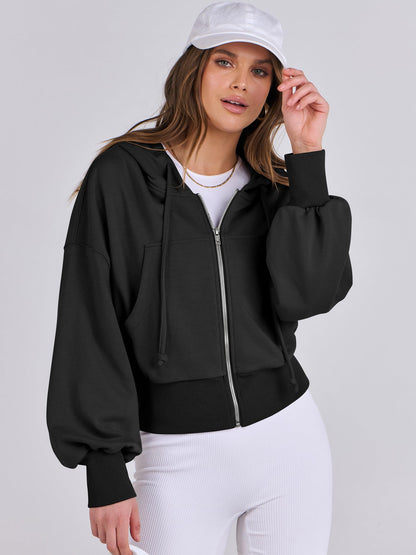 ANRABESS Women's Zip Up Hoodies Cropped Sweatshirts Casual Zip Jackets 2025 Fashion Trendy Fall Outfits Black Large
