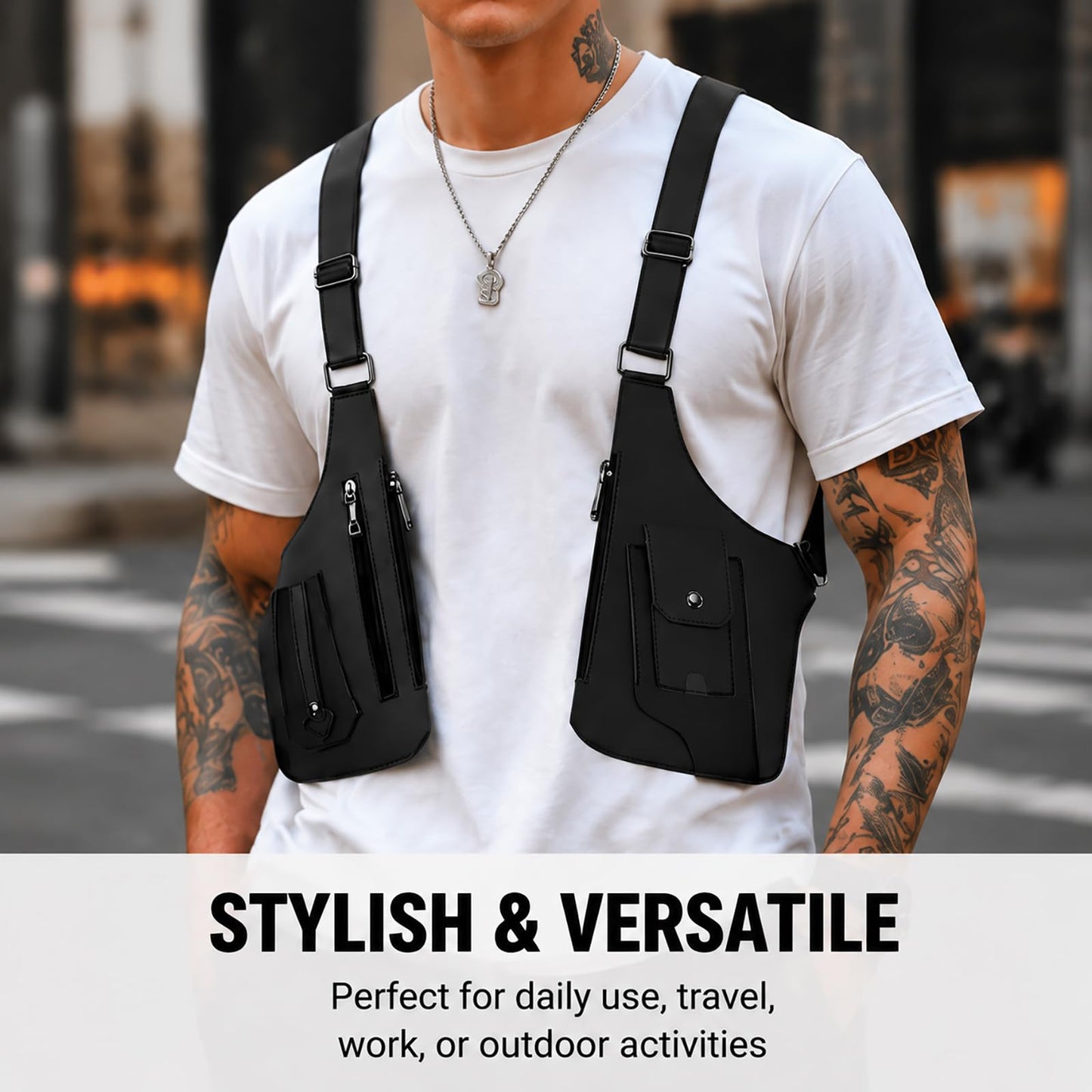 Adjustable Underarm Strap,Premium Leather Shoulder Bag for Men, Double Shoulder Bag Fashion Underarm Holster Wallet Adjustable PU Leather Waterproof Anti-Theft Harness for Men Father Gifts (Black)