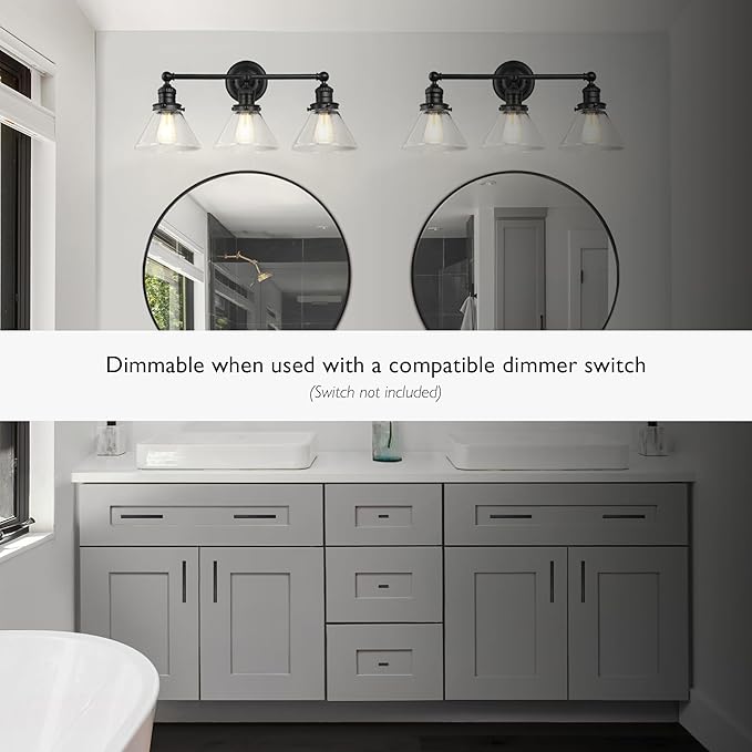 Design House Augustin Vanity Light, 3-Light, Seeded Glass Warm Glow, Dimmable, Up/Down Glow, Easy Installation, E26 Socket, Black, 25.9 in L x 8.3 in D x 11.1 in H, 589036-BLK