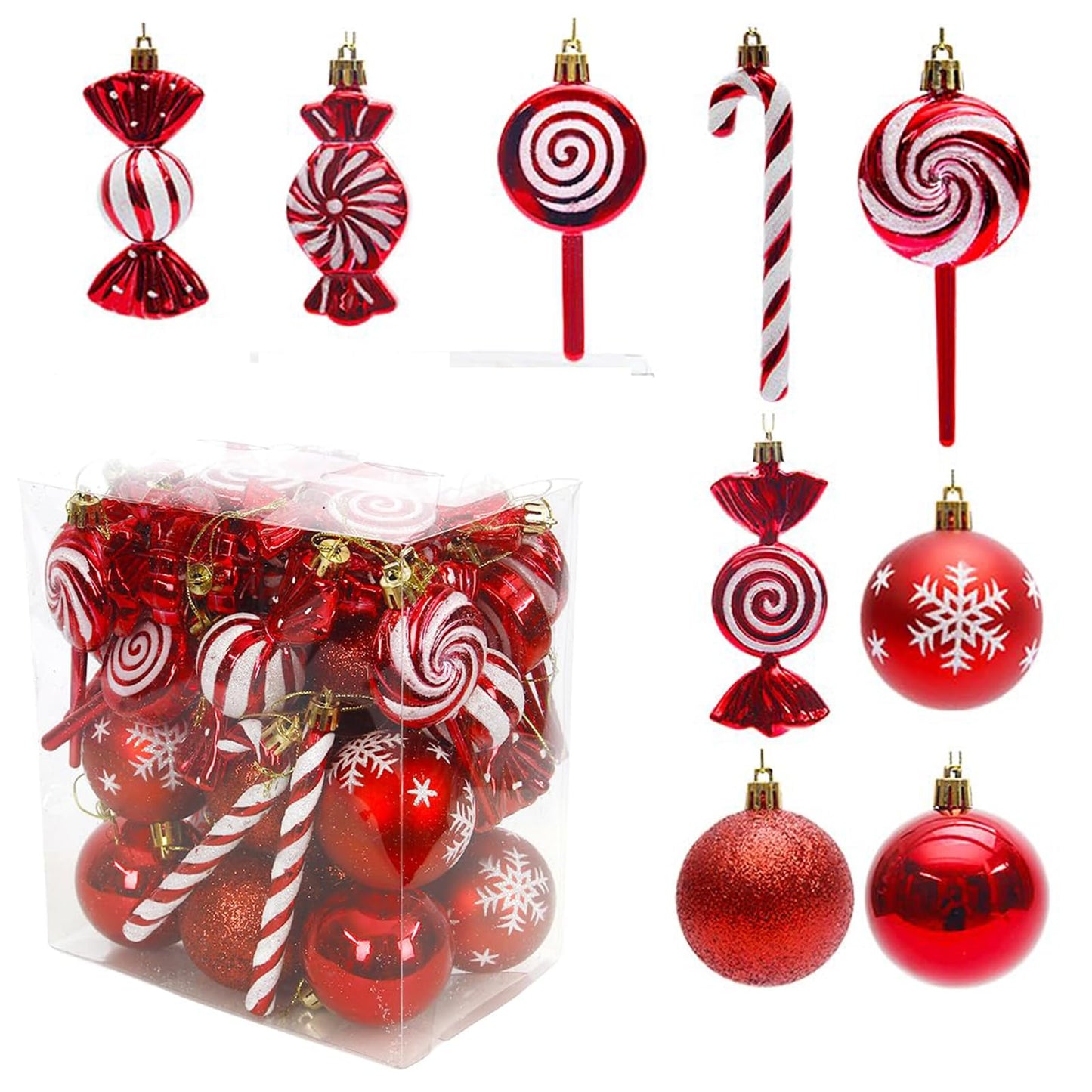 36 Pcs Christmas Ornaments, MOYEE Shatterproof Plastic Christmas Ornaments for Tree - Candy Cane Christmas Decorations Candies Christmas Ball Ornaments (Red)