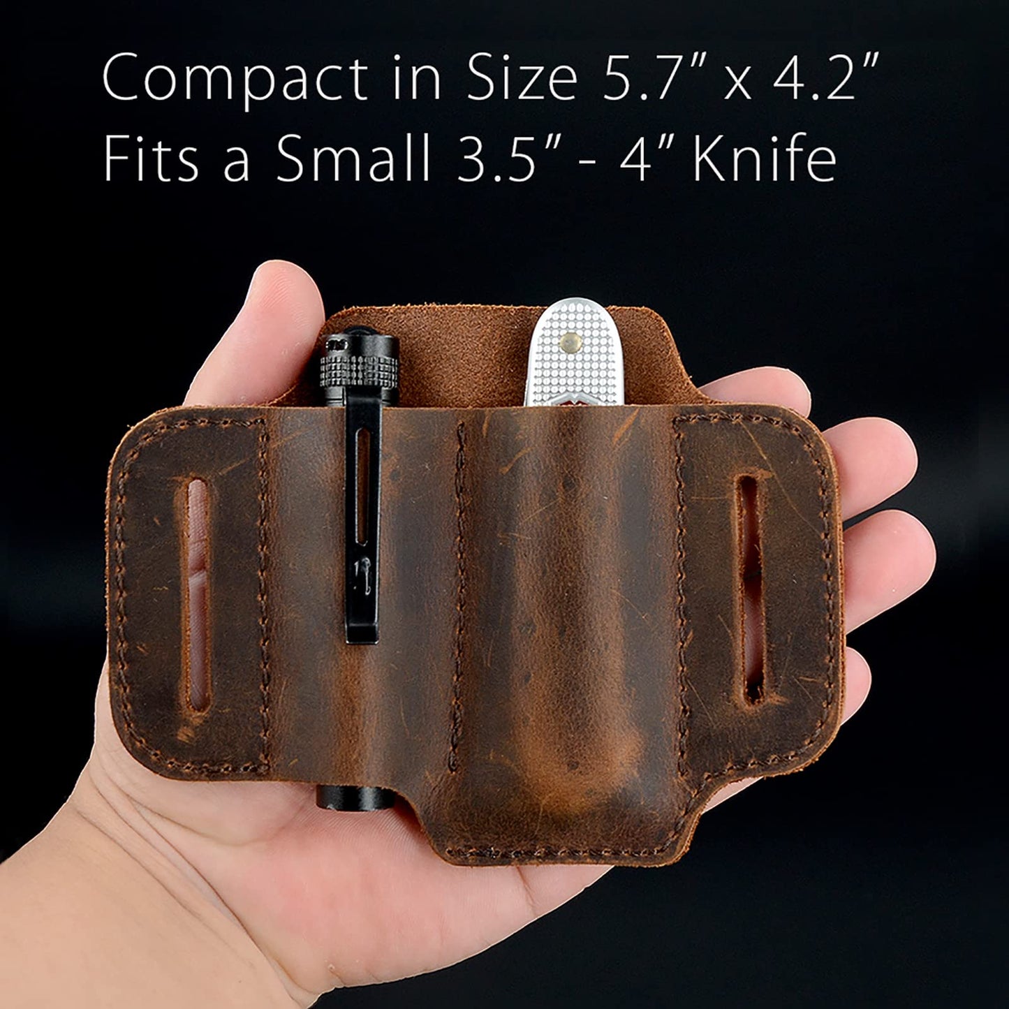 EDC Leather Knife Belt Sheath Tool Pouch, Small Tools Organizer, Fit Most 3.5" -4" Victorinox Knives, Fit 0.6" Wide Flashlights, EDC Holster, EDC Gear Carrier, Premium Leather. Chestnut.