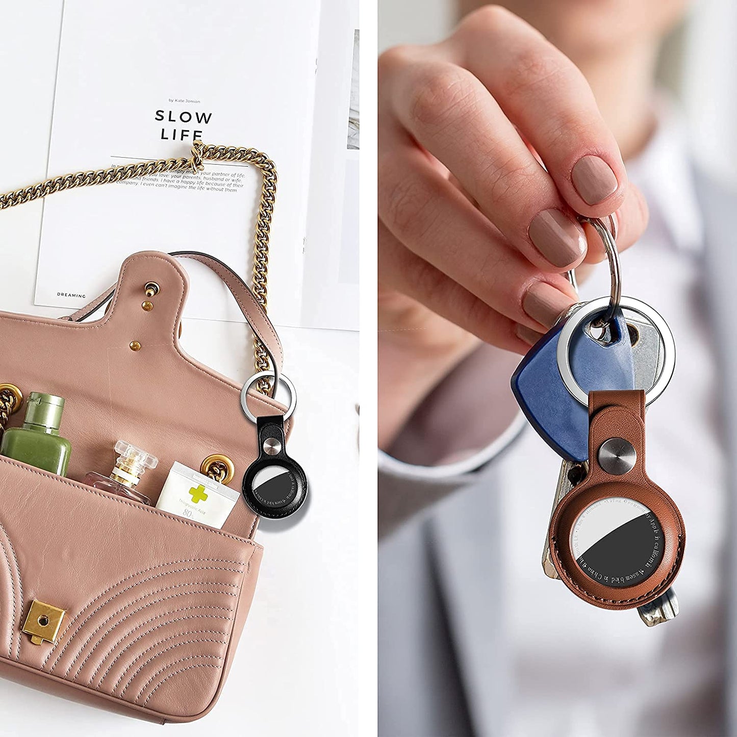 PU Leather AirTag Keyring Holder Compatible with Apple AirTag Keychain Leather. Anti Lost Snug Fit Key Ring for Pet Collar Luggage Bag Travel. Scratch Resistant Protective Air Tag Case Cover (2 Pack)