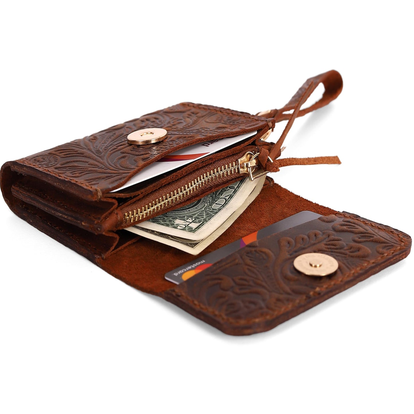 Toros Craft Handmade Wristlet Wallets for Women, Western Floral Leather Small Credit Card Holder with Zipper, Minimalist & Cute Coin Pouch, Genuine Leather, Dark Brown