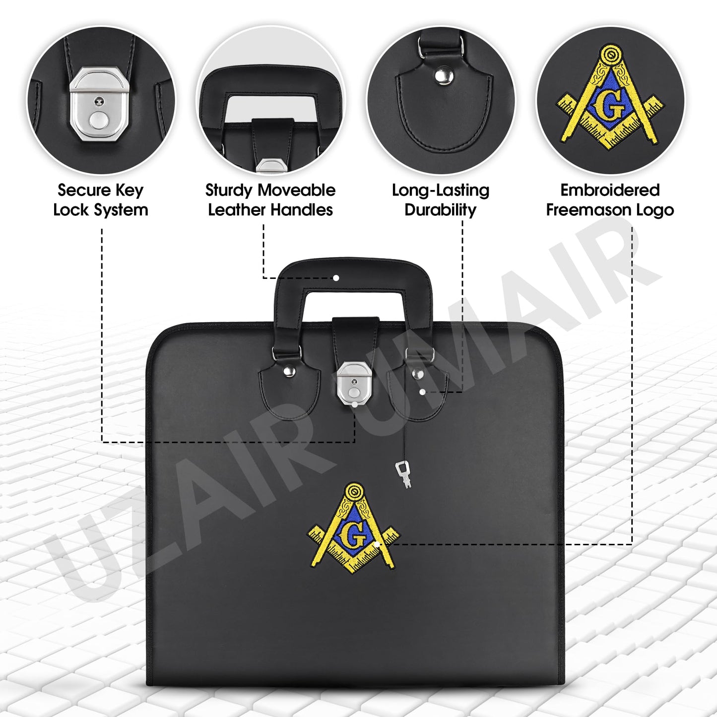 Masonic Master Mason Blue Lodge Apron Case, Faux Leather, 16x18 Inch with Blue/Gold Embroidered Logo, Silk Knitted Tie Set