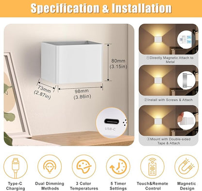 Motion Sensor Wall Light Indoor Set of 2, 6000mAh Wireless Rechargeable Battery Operated LED Wall Sconce Up & Down with Touch & Remote Control, Battery Powered Magnetic Wall Lamps with 3CCT, White