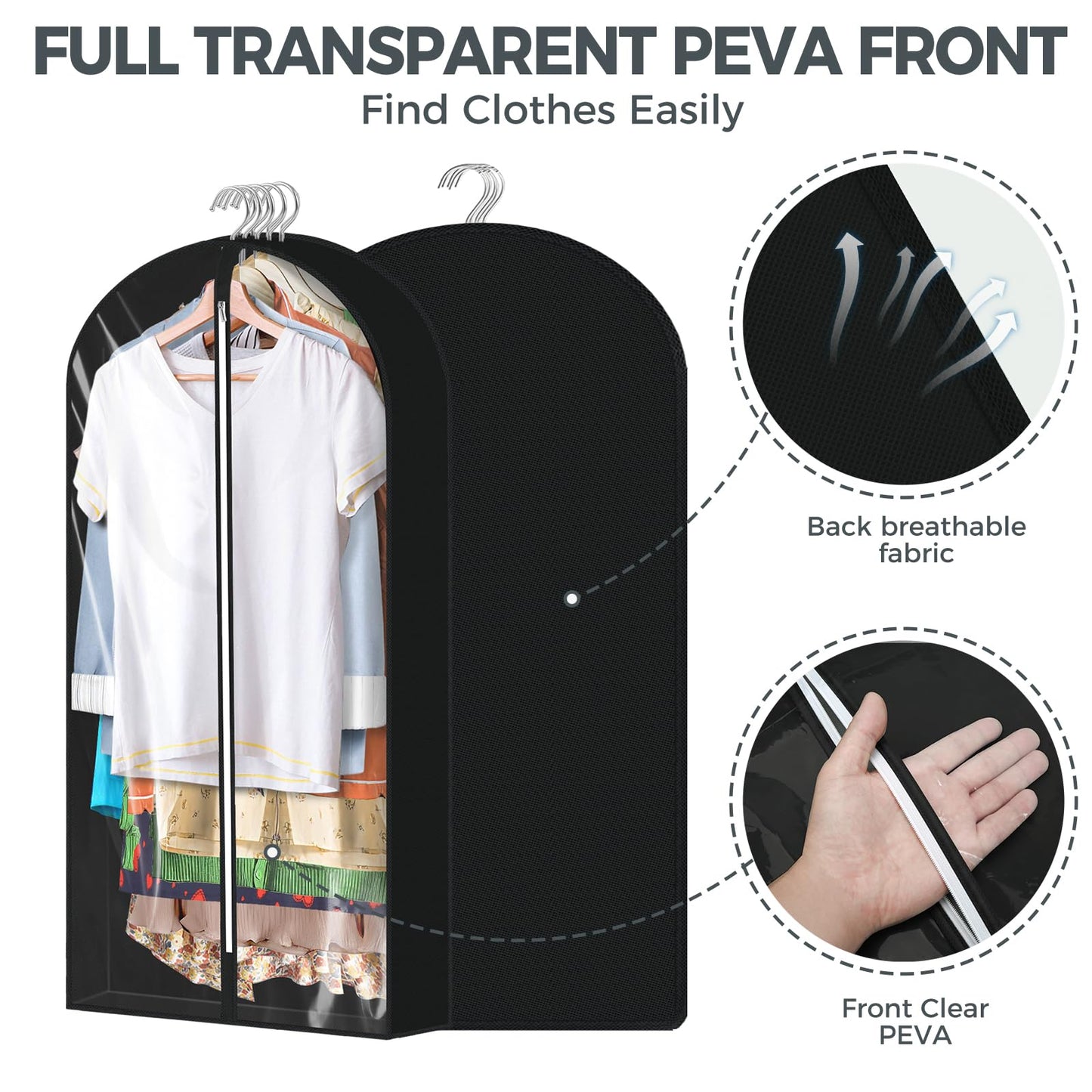 6 Pcs 40" Garment Bags for Hanging Clothes, Clear Suit Bags for Closet Storage Clothing Storage, Garment Bags Shoulder Covers with 4" Gussets for Coats, Jackets, Shirts and Sweater, Black