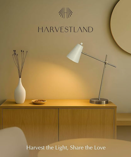 HarvestLand HaloBar Brass Desk Lamp Home Office – White Industrial Table Lamp with Solid Base for Office, Reading Lamps for Bedside Table, Study and Reading Task Lamp