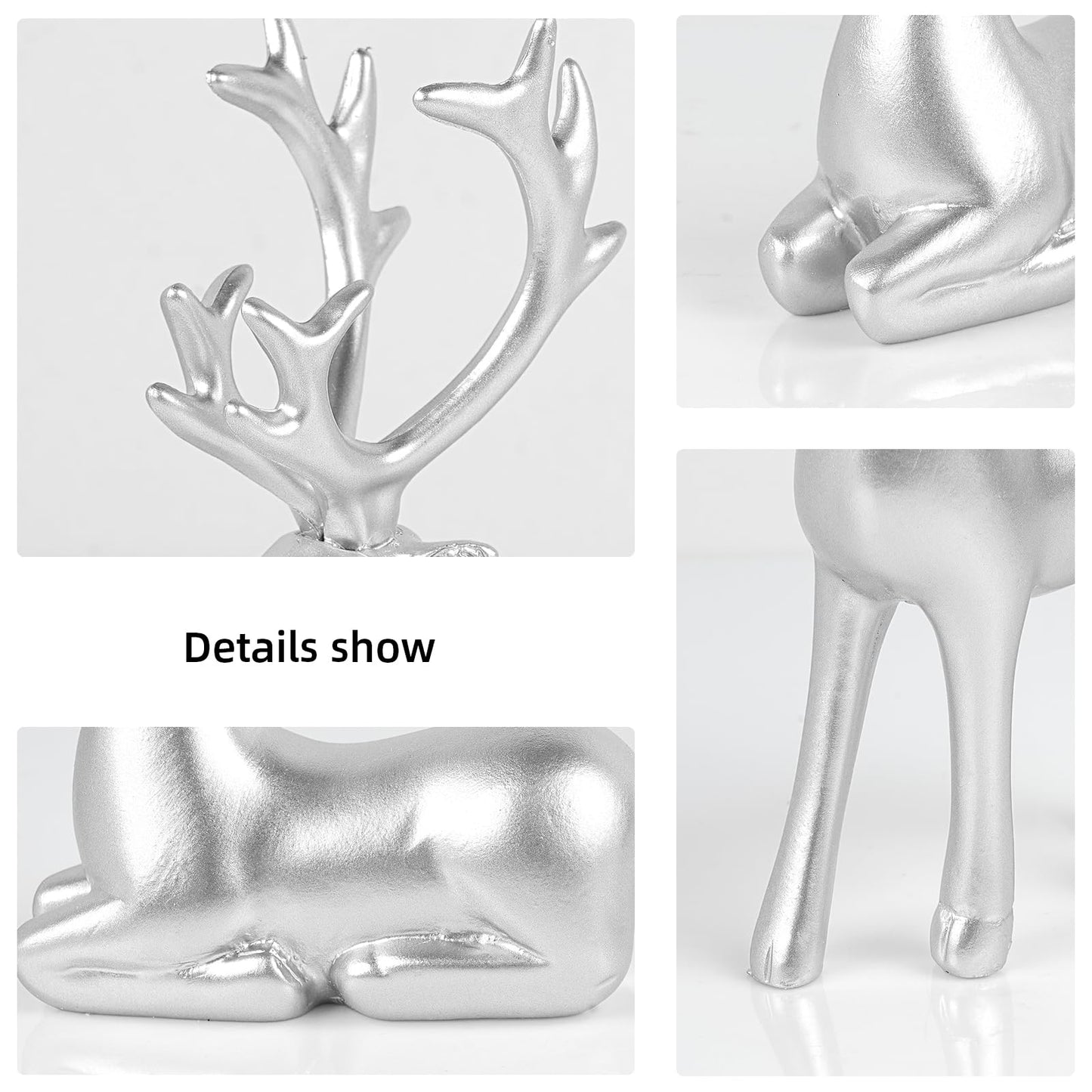 Bonlting 2 Pcs Christmas Reindeer Sculpture, Resin Elk Statues Deer Decorations for Home, Office, Bookshelf TV Stand, Living Room (Silver)
