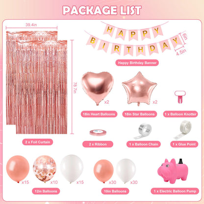 Rose Gold Birthday Decorations With Electric Balloon Pump, Happy Birthday Decorations for Women Girls, Birthday Party Decorations Kit Balloon Garland Kit Decoracion de Cumpleaños Para Mujer