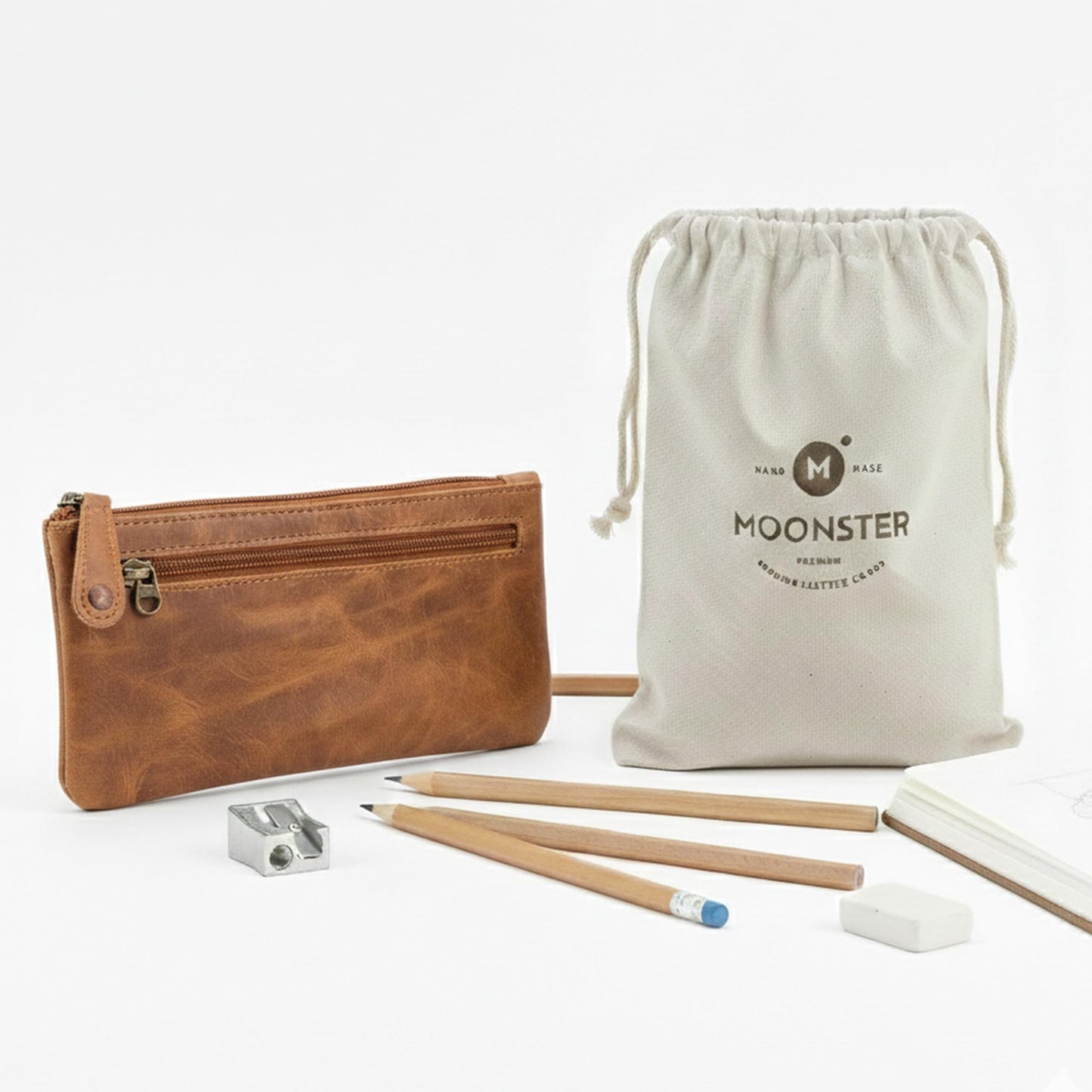 moonster Leather Pencil Case Pouch, Handcrafted 8" x 4" Leather Pen Case with Zipper - Pencil Cases for Adults with Side Pocket - Pencil Pouch Zippered Pen Bag - Light Brown