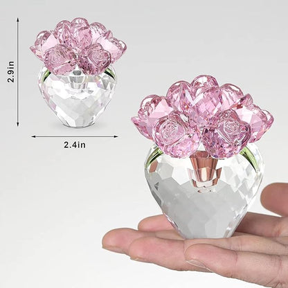 LONGWIN Crystal Rose Flower Figurines Collectible Glass Spring Bouquet with Vase Home Decor Romantic Gifts for Women Pink