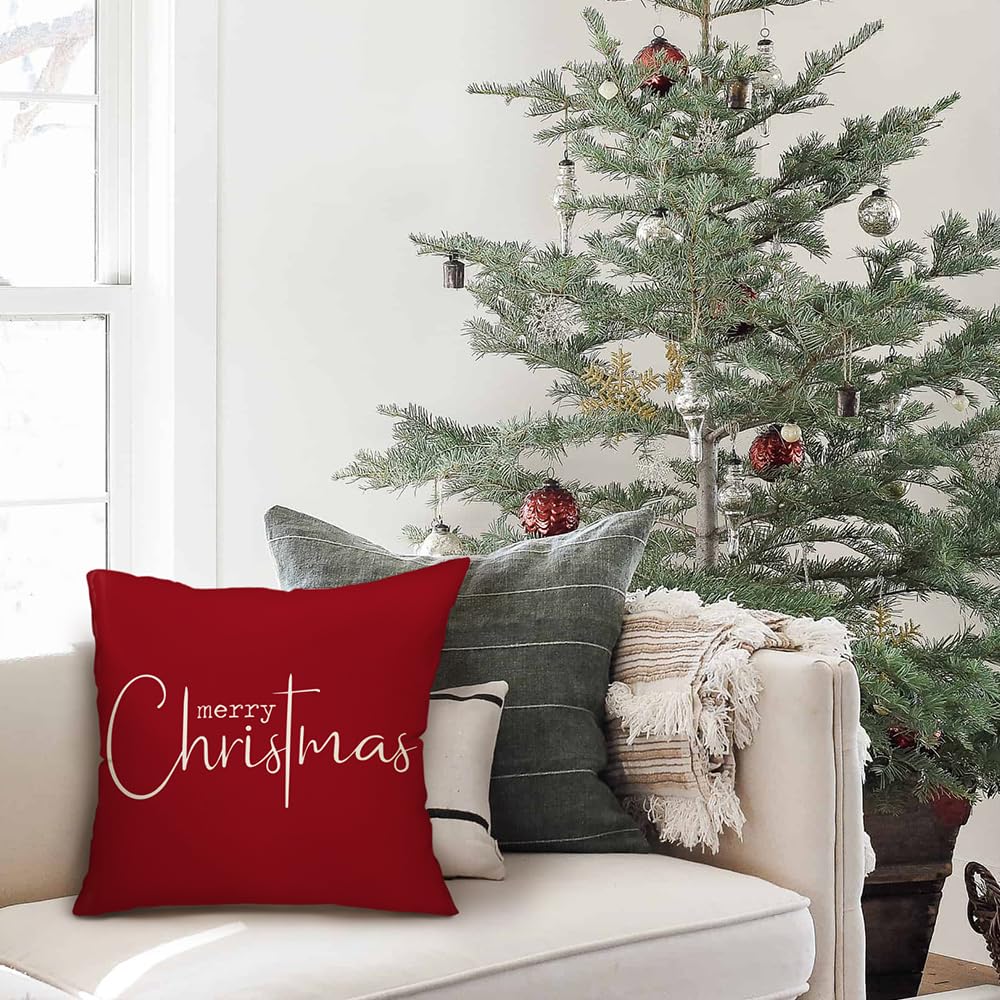 Allorry Christmas Pillow Covers Merry Christmas Throw Pillow Decorative Christmas Red Cotton Cloth Linen Cloth Pillow Cover Sofa Cover Decorative Rectangle Length 18X18 inches
