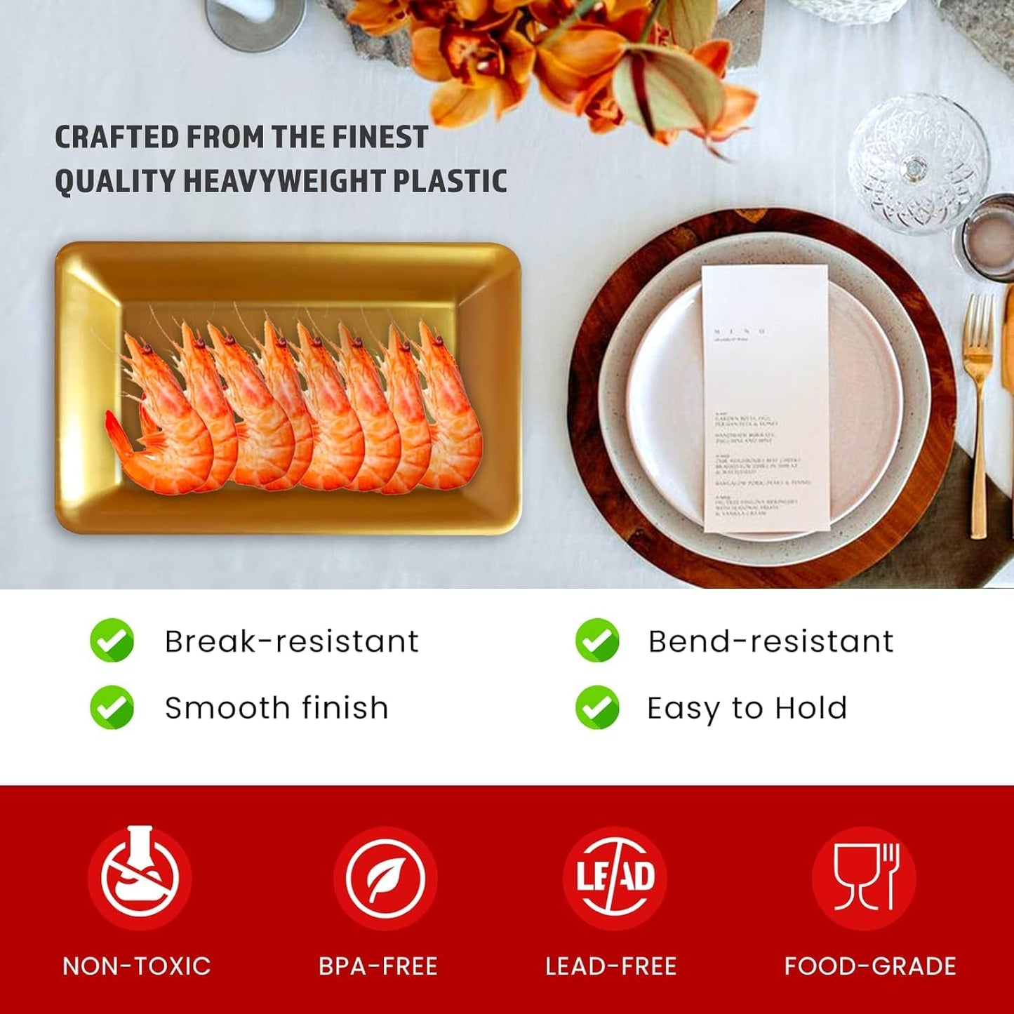 Yumchikel Plastic Serving Tray Set, Hard Plastic Serving Platters for Serving Food, Gold Serving Trays for Parties, Weddings, Food Trays for Party Buffet, Dessert Tables, 10" x 14", 6 Pack