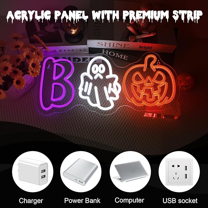 BOO Neon Sign, Halloween LED Wall Light with Ghost Pumpkin Neon Decoration for Halloween Party, Home, Bar