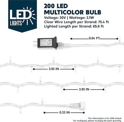 JOYIN 66FT Connectable Christmas String Lights Clear Wire, 8 Modes 200 LED Twinkle Fairy Lights for Indoor Outdoor, Christmas Tree, Classroom, Bedroom, Yard, Patio, Party Decor (Multicolor)