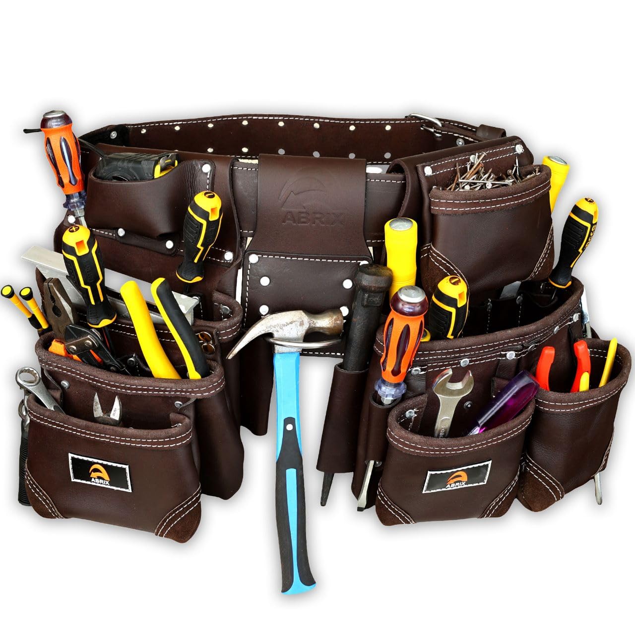 ABRIX Heavy Duty Tool Belt for Men – 4MM Thick Genuine Leather, Brass Buckle & Rivets | Foam Padded Comfort | 28-Pocket Carpenter & Framing Rig | Fits Waist 32 to 52 Inches | Professional Work Belt