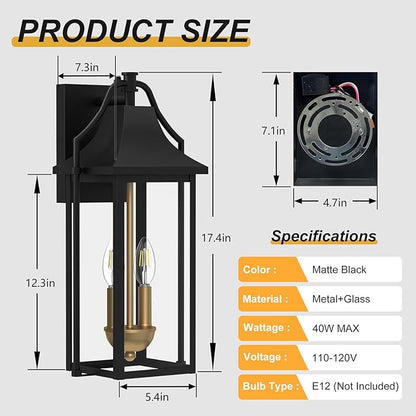 𝟏𝟕.𝟒𝑰𝑵 Outdoor Wall Sconce Fixture, Dusk to Dawn Patio Lights Waterproof Exterior Lanterns, 2-Light Modern Wall Lights Mounted with Glass, Black Outside Light for House Front Door Decor