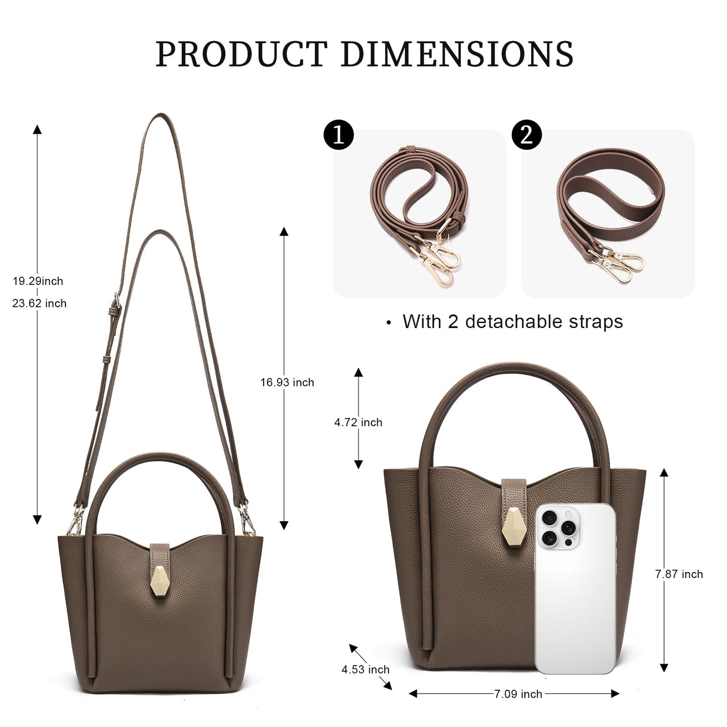 hedexe Leather Bucket Bags for Women: Designer Genuine Leather Tote Shoulder Purse - Fashion Ladies Satchel Handbag (Grey)