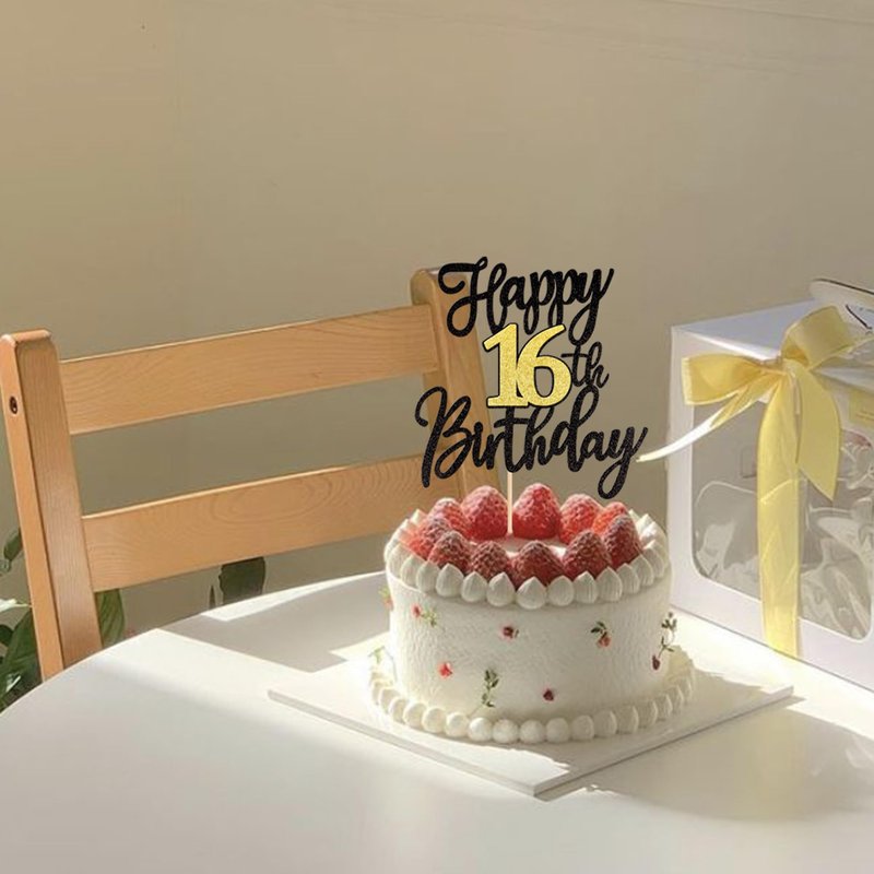 1 PCS Happy 16th Birthday Cake Topper Black Gold Glitter Cheers to 16 Years Birthday Cake Pick 16 Fabulous Cake Decoration for Happy 16th Birthday Anniversary Party Cake Decorations Supplies
