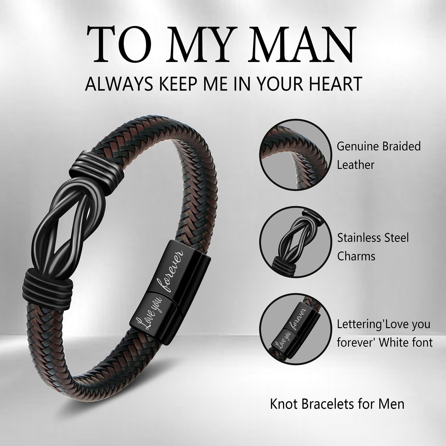 JoycuFF Anniversary Birthday Gifts for Him Boyfriend Husband To My Man Gift from Girlfriend Wife Knot Leather Bracelets for Men