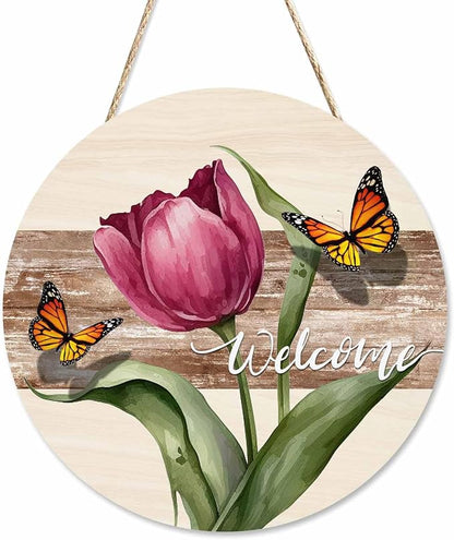 Farmhouse Front Porch Decor Door Hanging Retro Beautiful Tulip Butterfly 12in Round Wooden Hanging Housewarming Home Decor Present