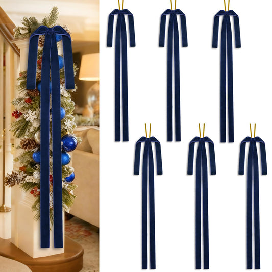 6 PCS Blue Large Velvet Bows for Christmas Tree 23.6 x 15.8 Inch Rustic Velvet Staircase Wreath Bows Vintage Christmas Tree Topper for Xmas Garland Ornament Home Door Indoor Outdoor Decorations
