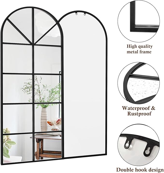 Full Length Mirror, 65"x22" Arched Window Pane Mirrors for Wall Decor, Black Full Body or Wall Mounted Mirrors, Farmhouse Standing Mirror Hanging or Leaning for Living Room, Entryway, No Stand