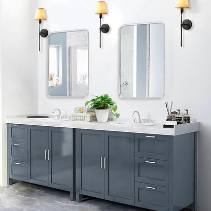 Wall Mount Mirror for Bathroom, Brushed Silver Metal Framed Rounded Corner Rectangular Vanity Mirror (24" x 36", Silver)
