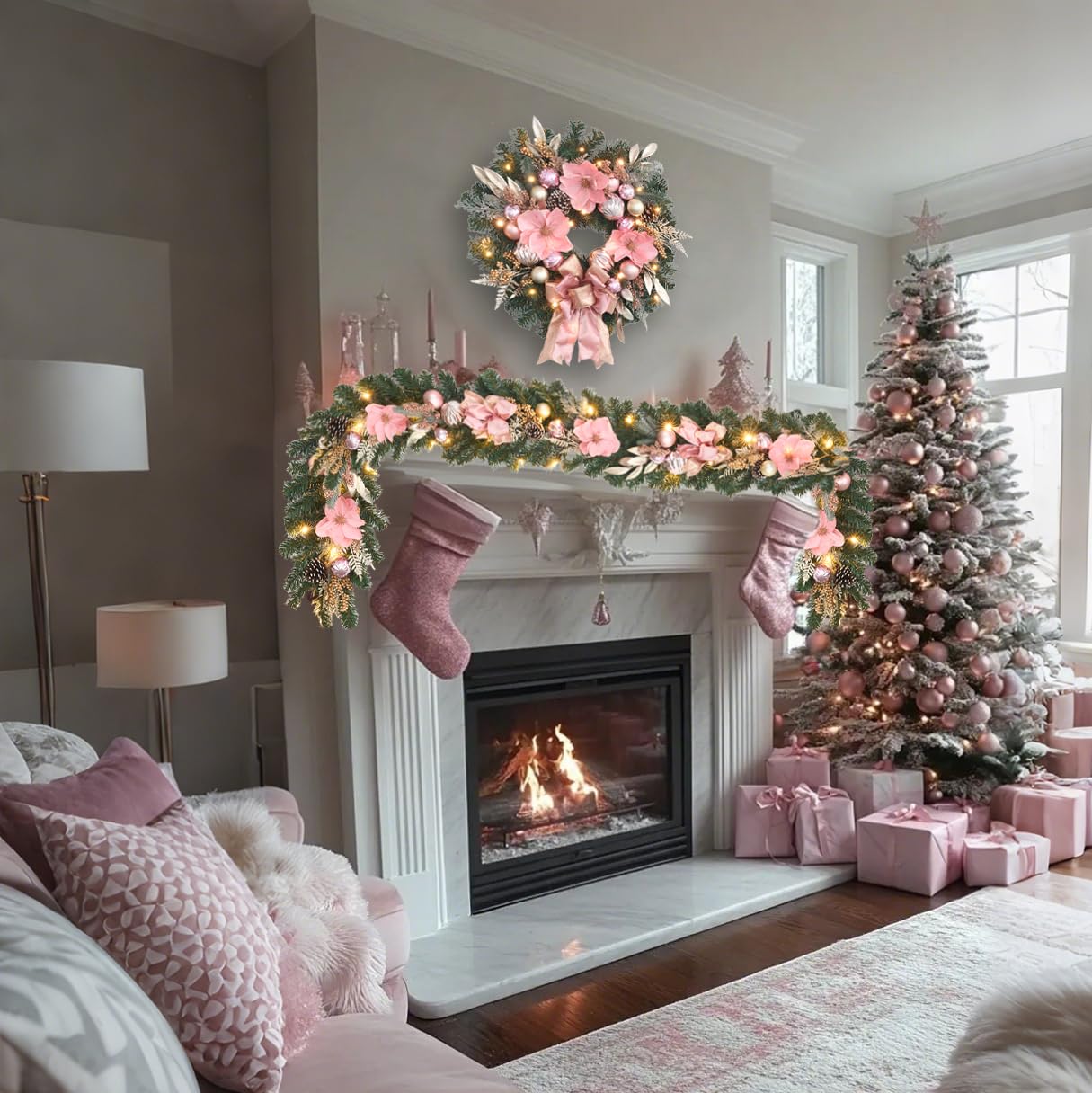 6ft Pink Gold Christmas Garland with Lights,20 LED with Timer, Lighted Door,Fireplace, Mantel and Stairs Winter Decor,Entryway Porch Decoration,prelit Elegant Magnolia Garland for Front Door