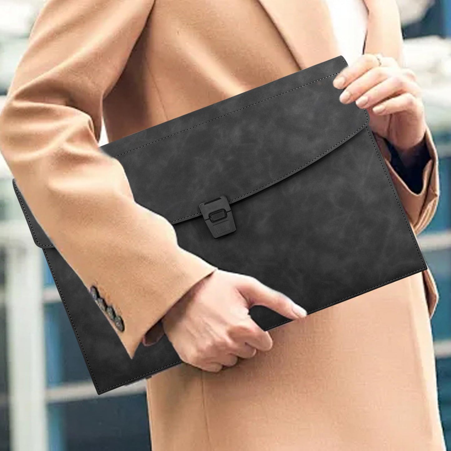 VANRA File Folder Document Holder Faux Leather Portfolio Filing Envelopes, Dampproof Document Folder with 2 Pockets A4/Letter Size Paper Organizer Case with Buckle Closure (Black)