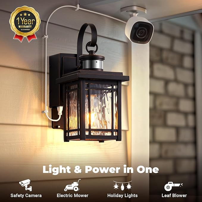 2-Pack Porch Light with GFCI Outlet, Motion Sensor Outdoor Wall Light Wall Mount, Oil Rubbed Bronze Exterior Lighting Fixtures, Anti-Rust Outdoor Lantern Wall Sconce for Garage, Patio, Balcony