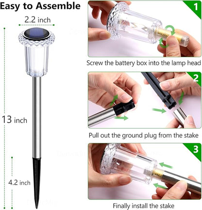 DenicMic Solar Lights Outdoor 15 Pack Waterproof 3000K Warm White LED Acrylic lamp Head Stainless Steel Stake for Landscape Lighting Path Walkway Sidewalk Backyard Patio Decor