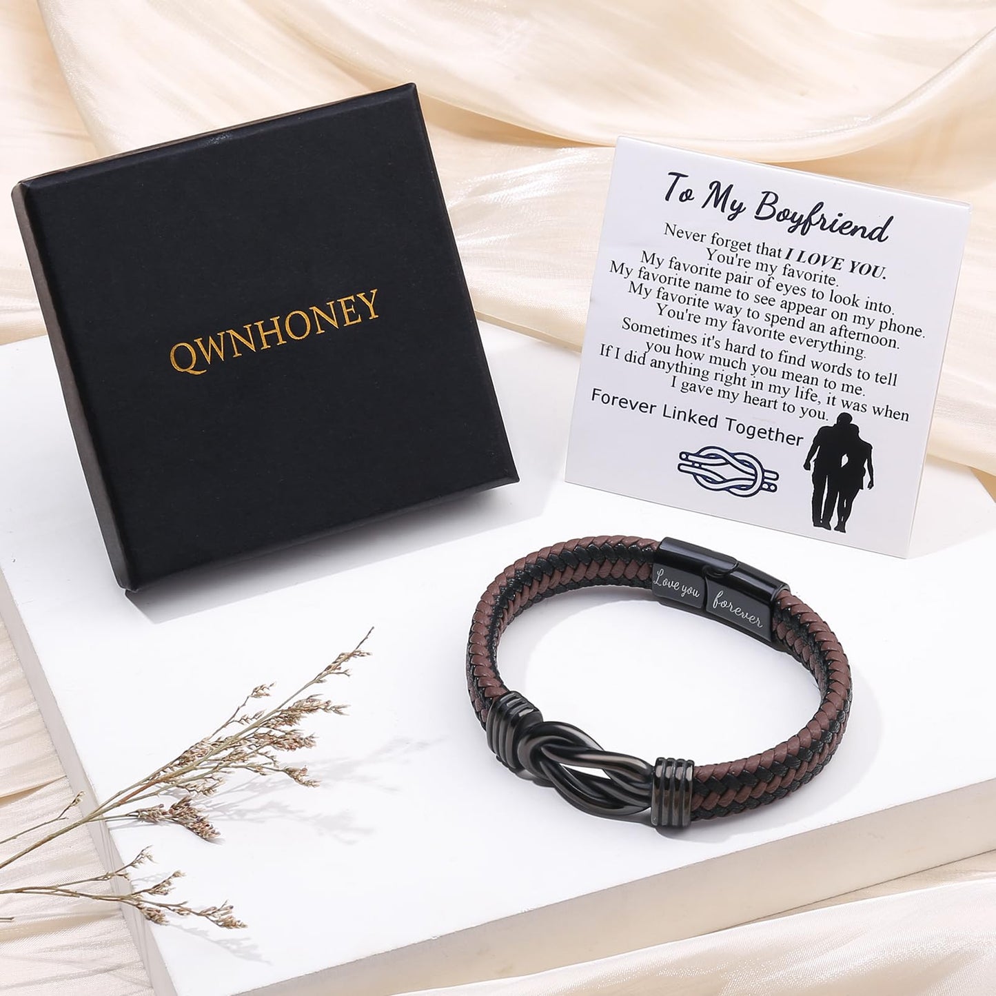 QWNHONEY Gifts for Son from Mom Infinity Knot Leather Birthday Christmas Anniversary Mens Brown Braided Cuff Bracelet 8.5 Inches
