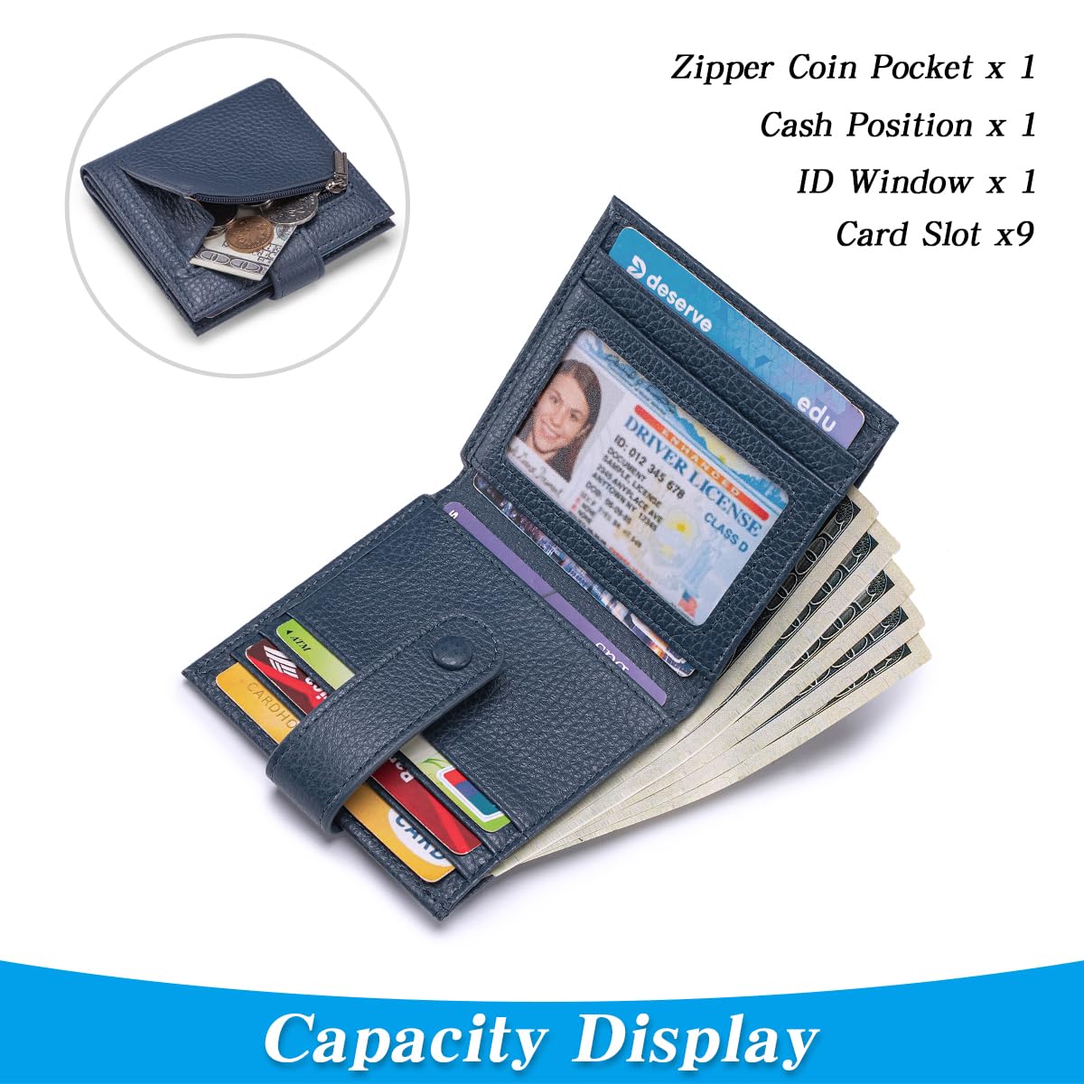 FREYAMIRA Small Wallet For Women Slim Leather Bifold Wallets RFID Credit Card Holder With Zipper Coin Pouch ID Window,Navy Blue