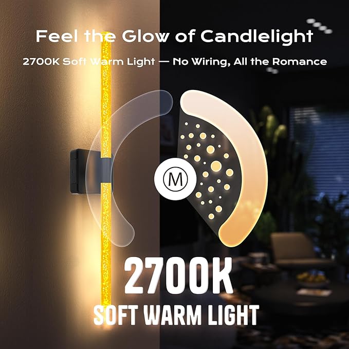 24in Acrylic Battery Operated Wall Sconces Set of 2, [8000mAh Removable Battery & Sunset Glow] Dimmable 2700K–6500K, Touch/Remote Control Wireless Wall Lamps–Black