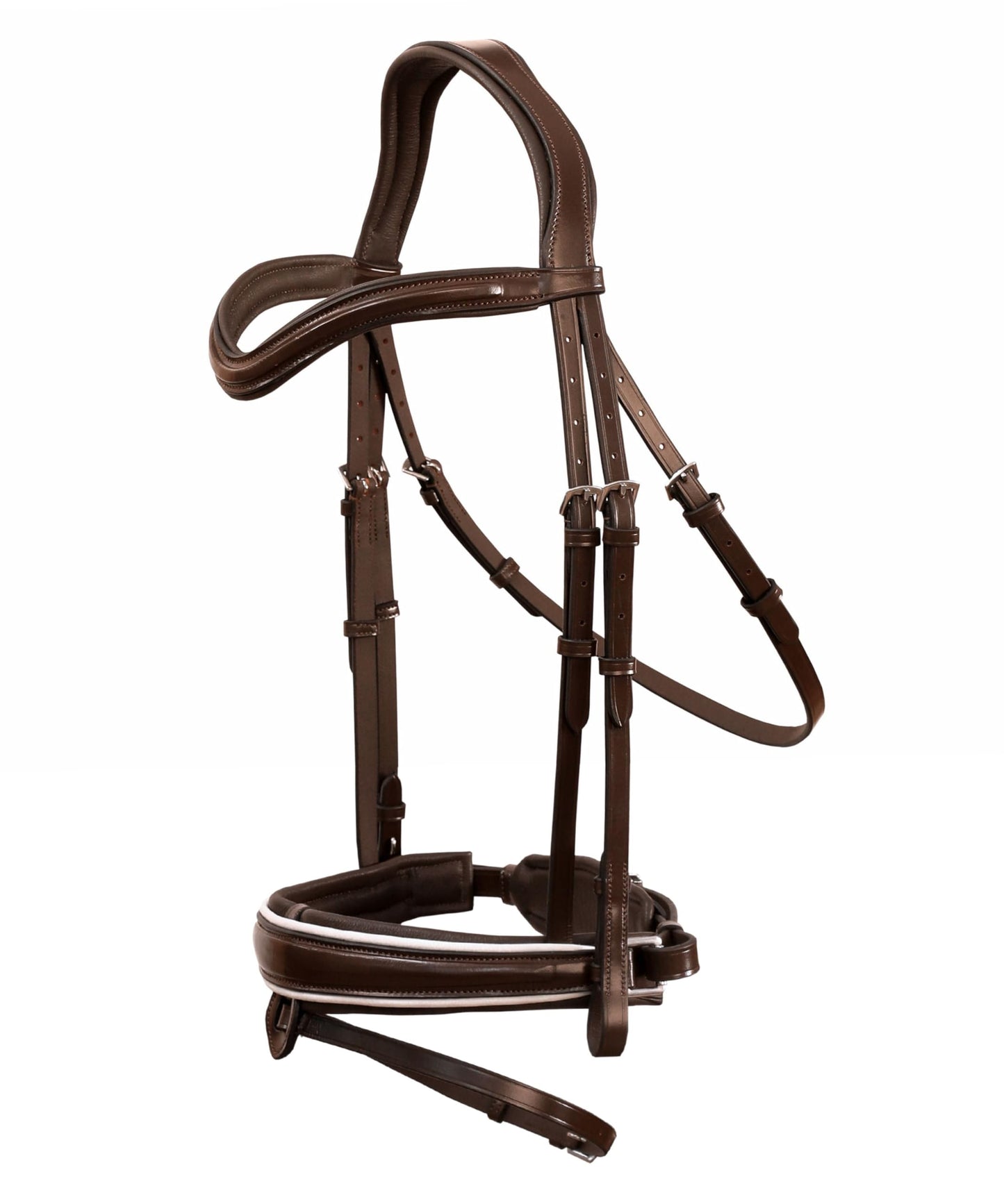 Exion Dressage Bridle for Horse with White Piping – Premium Padded Leather English Bridle with Detachable Flash & Web Reins – Black, Brown – Cob, Full, Pony, Warmblood