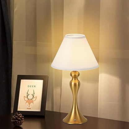 Cordless Bedside Lamp for Living Room, Table Lamp for Bedroom, 3-Way Dimmable Nightstand Lamp with Fabric Shade, Rechargeable Touch Led Desk Lamp Battery Operated Lamp for Dorm, Home Office (Brass)