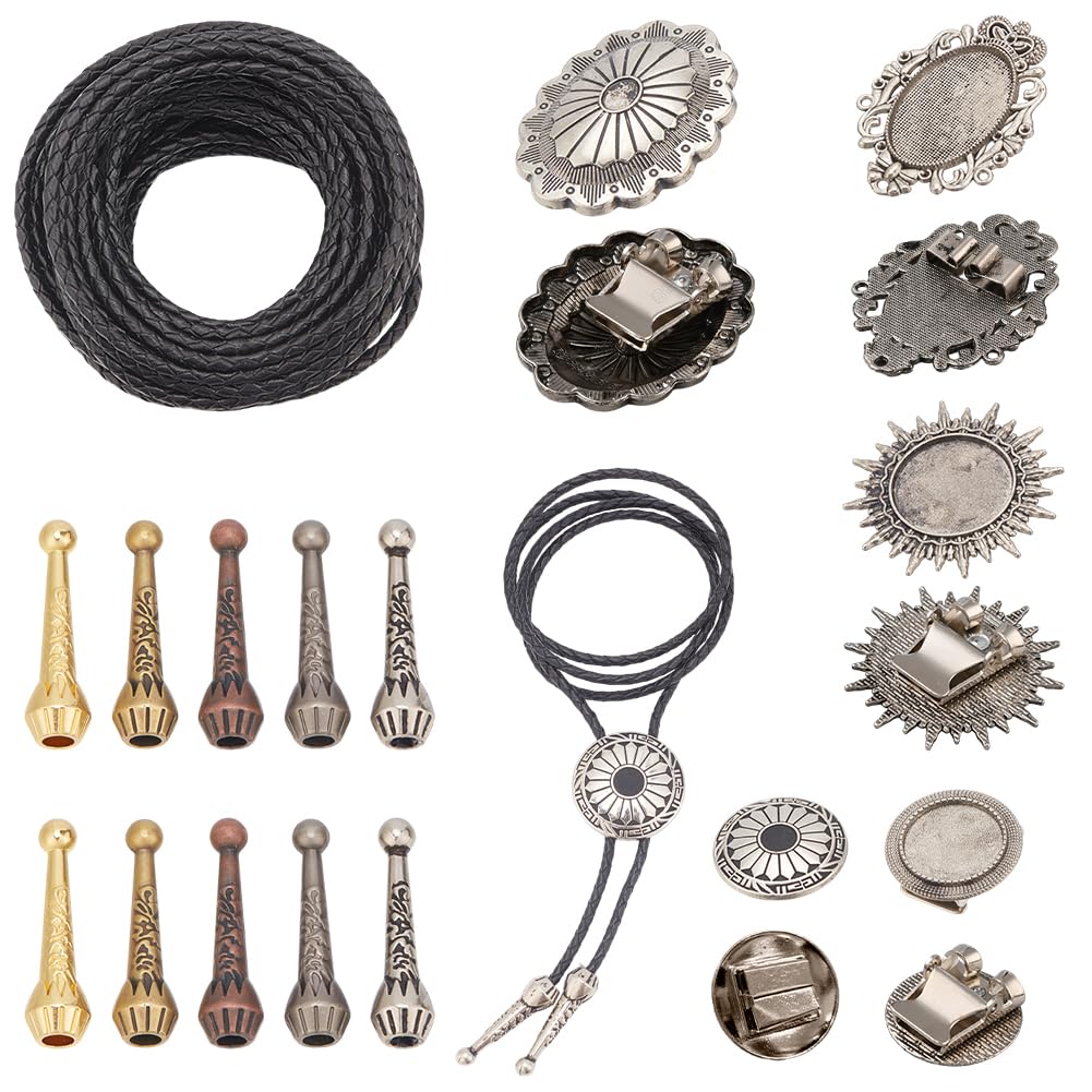 NBEADS 15Pcs Bolo Tie Findings Kit, Bolo Tie Tips Replacement Kit Bolo Tie Buckle with 10Pcs Alloy Cord End 5Pcs Bolo Tie Slide Clasps and 5.5 Yards Leather Necktie Cord for Bolo Tie Making