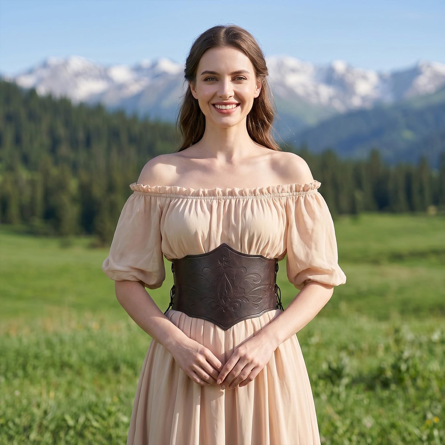 Essestim Renaissance Leather Corset Belt Tied Medieval Viking Belt Tight Corset Wide Cinch Belt for Women (Brown)