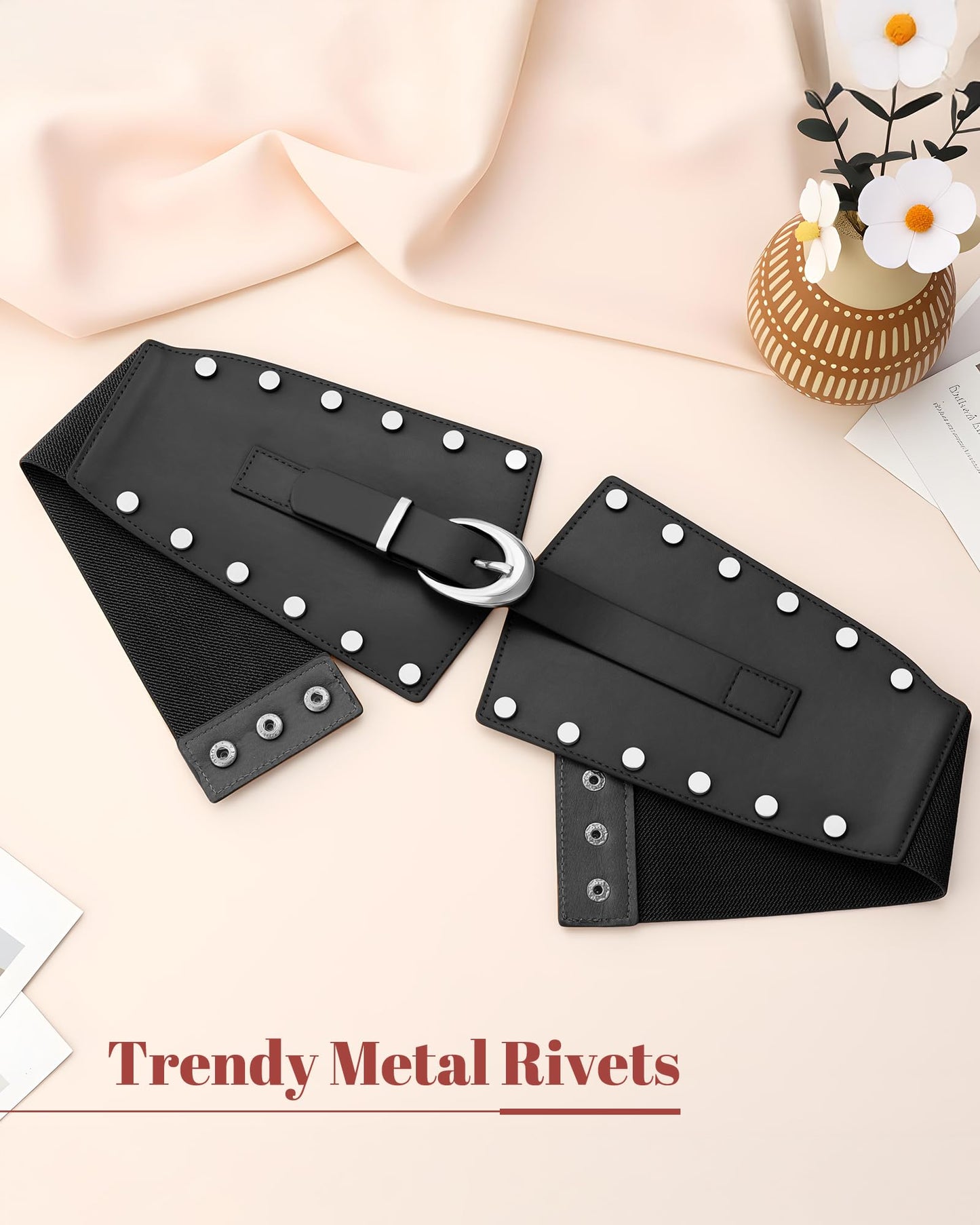 JKEEMI Women Wide Elastic Belt Studded Rivets Stylish Waist Cinch Belt for Dresses Coat