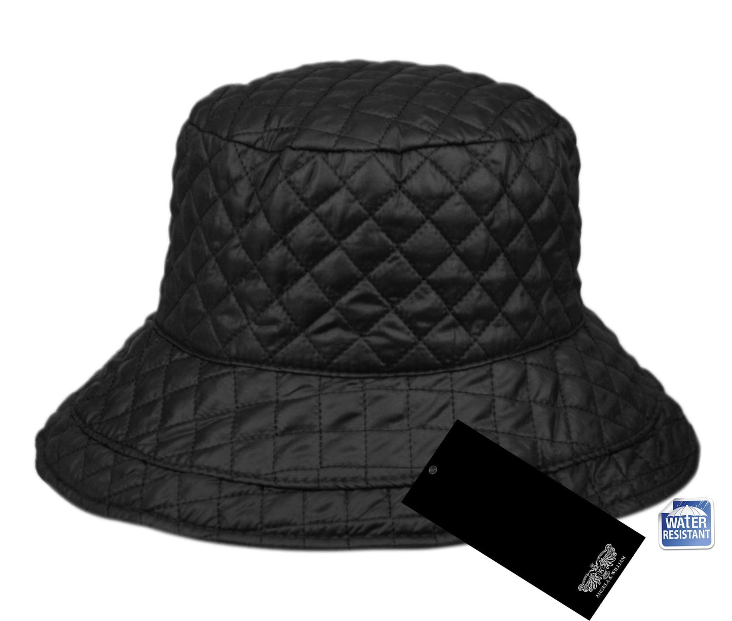 Foldable Water Repellent Quilted Rain Hat w/Adjustable Drawstring, Bucket Cap (Black)