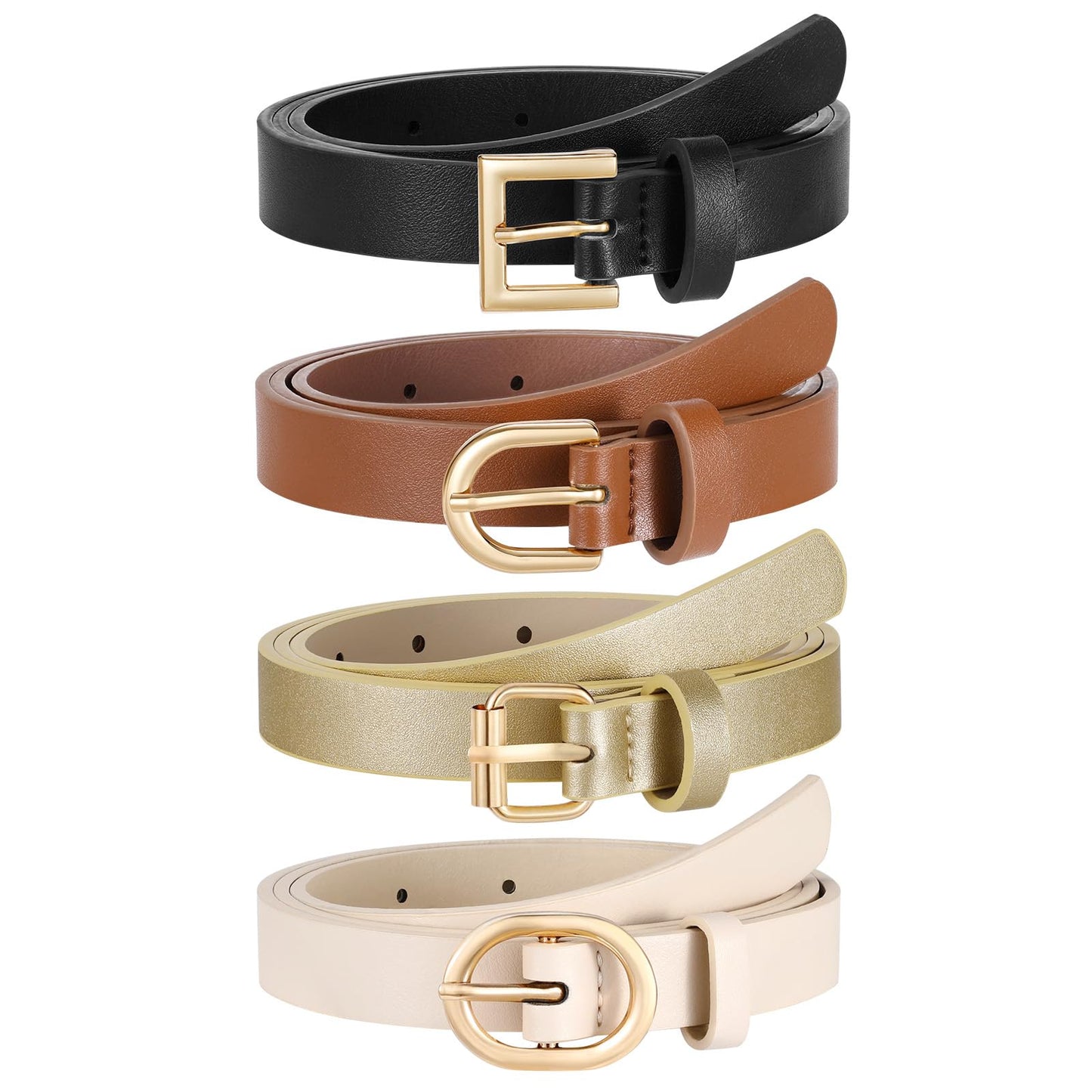 JASGOOD 4 Pack Women Skinny Leather Belt for Dresses with Gold Buckle Ladies Thin Waist Belt for Jeans Pants，Brown+Black+Gold+White