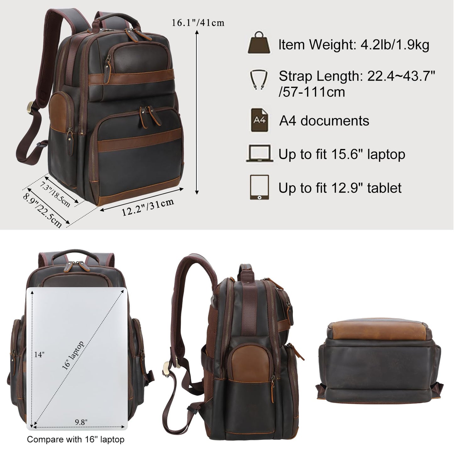 TIDING Leather Backpack 15.6 inch Laptop Backpack Vintage Business Travel Bag Large Capacity Daypacks