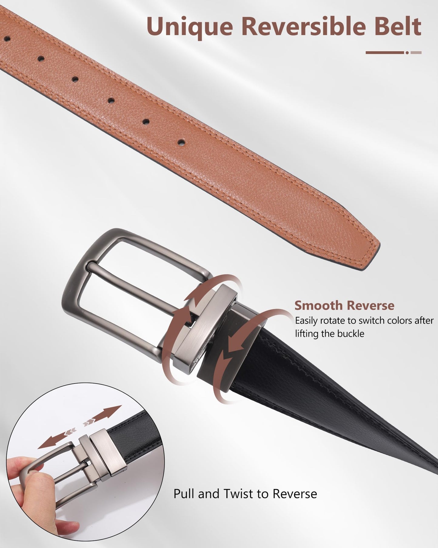 AWAYTR Men Reversible Leather Belt - 1.33'' Wide Genuine Leather Dress Belt for Casual and Business Wear, Grey Buckle, Black/Brown,Fit Waist 36''-38''