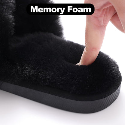 Evshine Women's Fuzzy Slippers Cross Band Memory Foam House Slippers Open Toe, Black, 36-37 (Size 5-6.5)