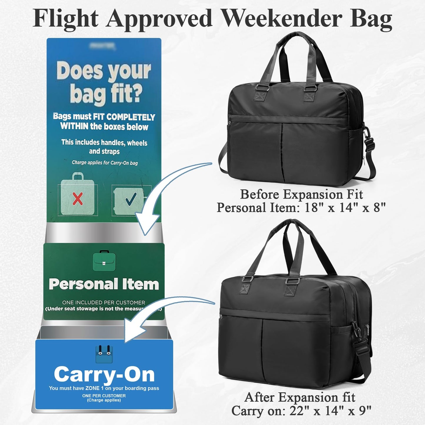 Expandable Personal Item Travel Duffle Bag Weekender Bag for Women Men, Overnight Hospital Carry On Bag with Toiletry Bag for Airplanes Travel Business Trips Sport,Black