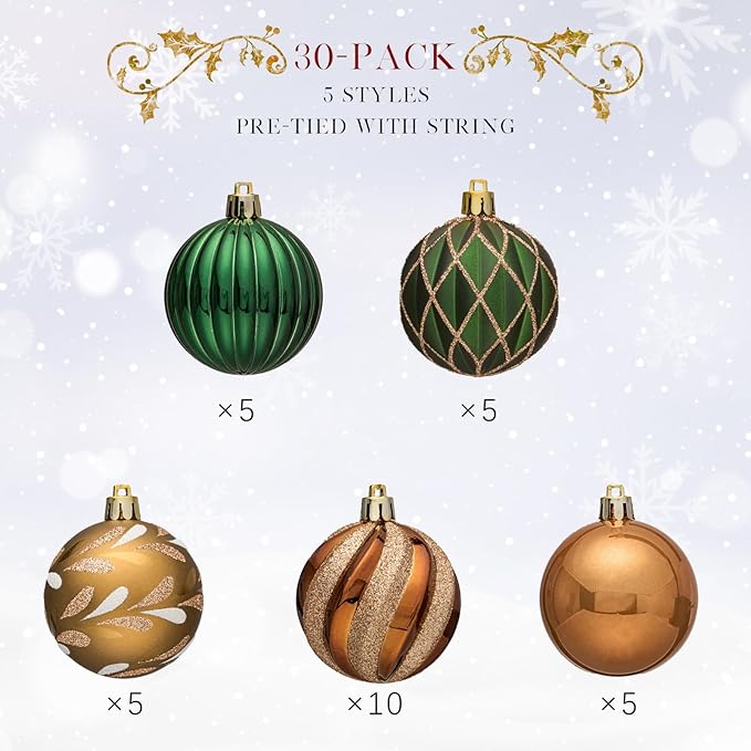 JORNOY Christmas Balls Ornaments, 30ct Shatterproof Xmas Tree Decorations, Hanging Bulbs Baubles Set with String for Holiday Home Party Decor, 2.36 inch/60mm, Earth Tone